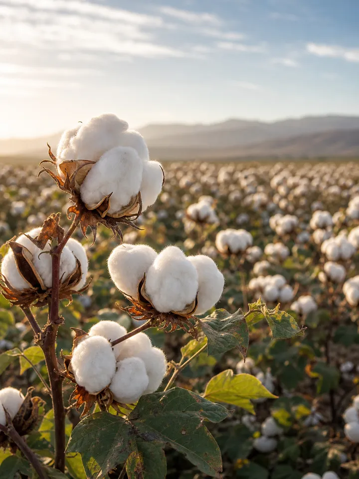 Mature cotton bolls in a Peruvian field at sunrise
